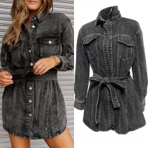 Street Fashion Old-washed Stand Collar Long Sleeve Buttoned Denim Dress with Belt