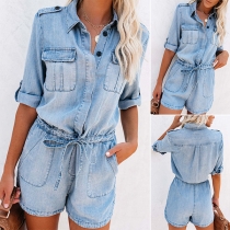 Street Fashion Old-washed Stand Collar Buttoned Short Sleeve Drawstring Denim Romper