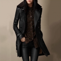 Vintage Style Solid Color Notch Lapel Stand Collar Long Sleeve Artificial Leather PU Jacket（Size Run Small）