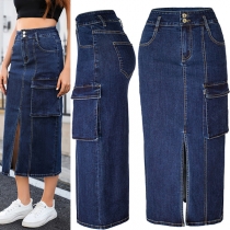 Street Fashion High-rise Side Patch Pocket Slit Denim Skirt