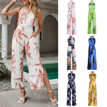 Street Fashion Prined V-neck Sleeveless Slit Hater Jumpsuit