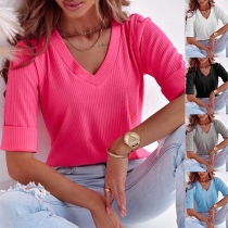 Casual Solid Color V-neck Elbow Sleeve Ribbed Shirt