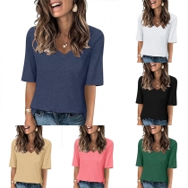 Casual Solid Color V-neck Elbow Sleeve Ribbed Shirt