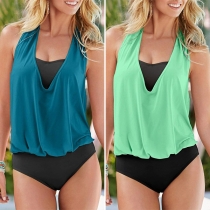 Fashion Contrast Color Three-piece Swimsuit Set Consist of Swimming Cover-up Shirt, Swimming Bandeau and Swimming Bottom