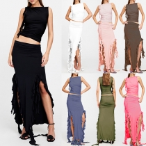 Street Fashion Ruffled Two-piece Set Consist of Sleeveless Crop Top and Slit Ruffled Skirt