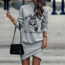 Fashion Skull Printed Mock Neck Long Sleeve Irregular Hemline Bodycon Dress