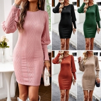 Elegant Solid Color Round Neck Long Sleeve Ribbed Bodycon Dress