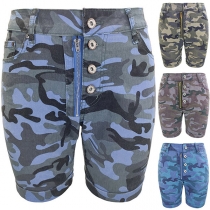 Fashion Camouflage Print Buttoned Zipper Denim Shorts