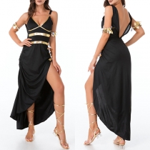 Fashion Contrast Color V-nec Sleeveless Backless Irregular Hemline Dress for Halloween Cosplay (with Headband and Armband)