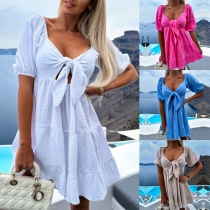Fashion Solid Color Self-tie V-neck Short Sleeve Tiered Dress