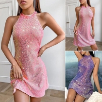 Sexy Bling-bling Sequined Halterneck Back Zipper Mini Dress