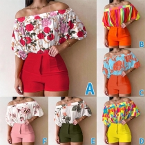 Street Fashion Two-piece Set Consist of Printed Off-the-shoulder Shirt and Solid Color Short