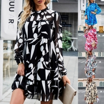 Fashion Floral Printed Long Sleeve Tiered Dress