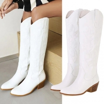 Vintage Embroidered Pointed-TOE Block Heeled White Riding Boots