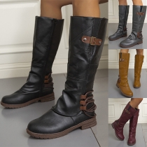 Vintage Artificial Leather PU Buckle Side Zipper Riding Boots