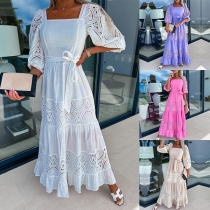 Fashion Lace Spliced Elbow Sleeve Square Neck Self-tie Maxi Dress