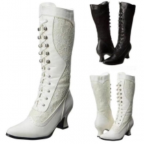 Street Fashion Lace Spliced Pointed-toe Heeled Boots