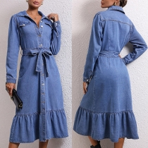 Fashion Old-washed Stand Collar Buttoned Long Sleeve Self-tie Ruffled Hemline Denim Dress