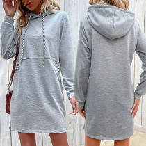Casual Long Sleeve Drawstring Hooded Sweatshirt Dress