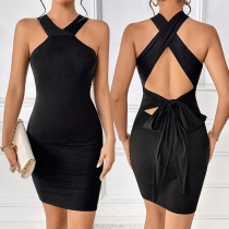 Sexy Solid Color Halterneck Self-tie Bowknot Backless Bodycon Dress