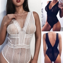 Sexy Semi-through V-neck Backless Lace Lingerie Bodysuit