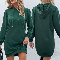 Casual Solid Color Long Sleeve Drawstring Hooded Sweatshirt Dress