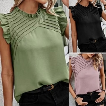 Fashion Solid Color Ruffled Round Neck Sleeveless Shirt