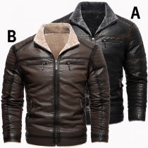 Street Fashion Plush Lined Stand Collar Long Sleeve Zippered Artificial Leather PU Jacket for Men