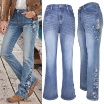 Vintage Old-washed Mid-rise Floral Embroidered Denim Jeans