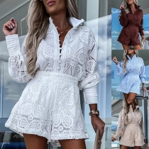 Fashion Lace Two-piece Set Consist of Stand Collar Shirt and Shorts