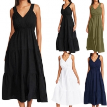 Fashion Solid Color V-neck Sleeveless Pleated Tiered Mini Dress