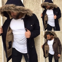 Fashion Warm Long Sleeve Plush Lined Artificial Fur Spliced Hooded Coat for Men