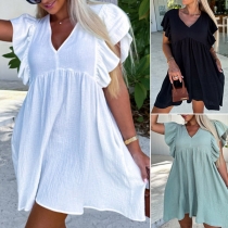 Casual V-neck Ruffled Sleeveless Mini Dress