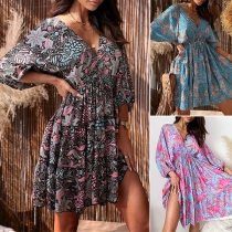 Fashion Floral Printed V-neck Elbow Sleeve Mini Dress