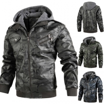 Vintage Camouflage Printed Long Sleeve Hooded Fake-two-piece Artificial Leather Jacket for Men