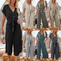 Casual Solid Color Buttoned V-neck Short Sleeve Self-tie Patch Pockets Jumpsuit