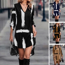 Street Fashion Printed V-neck Long Sleeve High-low Dress