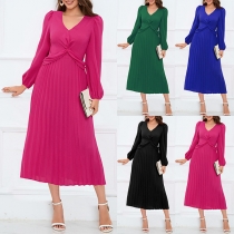 Fashion Solid Color Lantern Sleeve Ruched Pleated Midi Dress
