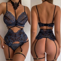 Fashion Floral Embroidery Lace Splcied Three-piece Lingerie Set