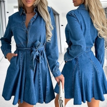 Fashion Stand Collar Buttoned Long Sleeve Self-tie Side Pockets Denim Dress