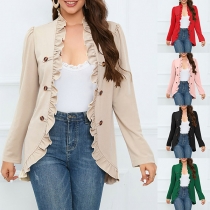Fashion Solid Color Ruffle Double Breasted Long Sleeve Blazer