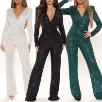 Fashion Bling-bling Sequined Lapel V-neck Long Sleeve Jumpsuit
