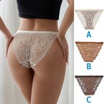 Sexy Semi-through Lace Spliced Leopard Printed Panties