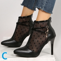 Street Fashion Heart Printed Gauze Spliced Pointed-toe High Heel Ankle Boots