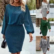 Fashion Solid Color Round Neck Long Sleeve Smocked Ruffled Hemline Dress