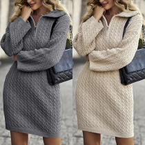 Street Fashion Half-zipper V-neck Lapel Long Sleeve Knitted Dress