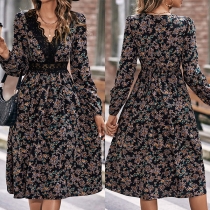 Fashion Floral Printed Lace Spliced V-neck Long Sleeve Dress