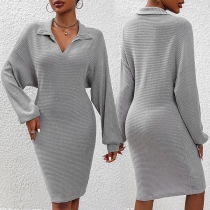 Casual Solid Color V-neck Batwing Long Sleeve Ribbed Sweater Dress