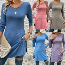 Casual Solid Color Round Neck Long Sleeve Buttoned Slit Shirt