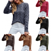 Casual Ribbed Knitted Round Neck Long Sleeve Sweater